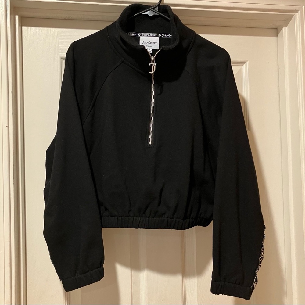 JUICY COUTURE Logo Tape Crop Half Zip Raglan Sweatshirt in Black / White XL - Picture 7 of 8